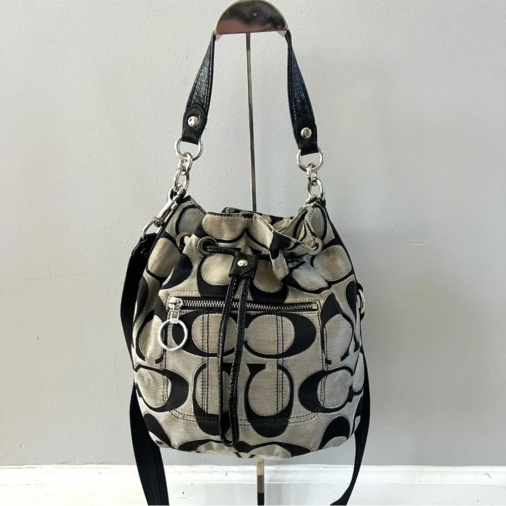 Coach Poppy Metallic Cinch Bucket Bag Black Gray Shoulder Crossbody Bag 17930